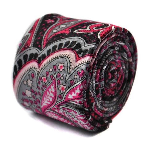 black and pink paisley skinny linen tie